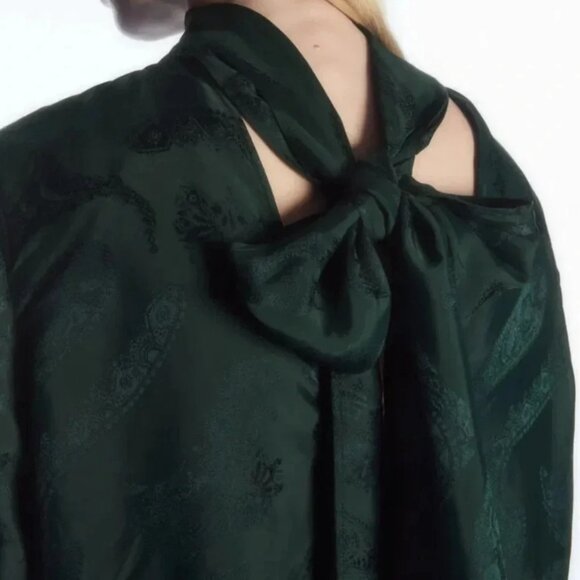COS Jacquard Bow Back Silky‎ Blouse Sz 4 Dark Green Shirt Relaxed Long Sleeve - Picture 13 of 13